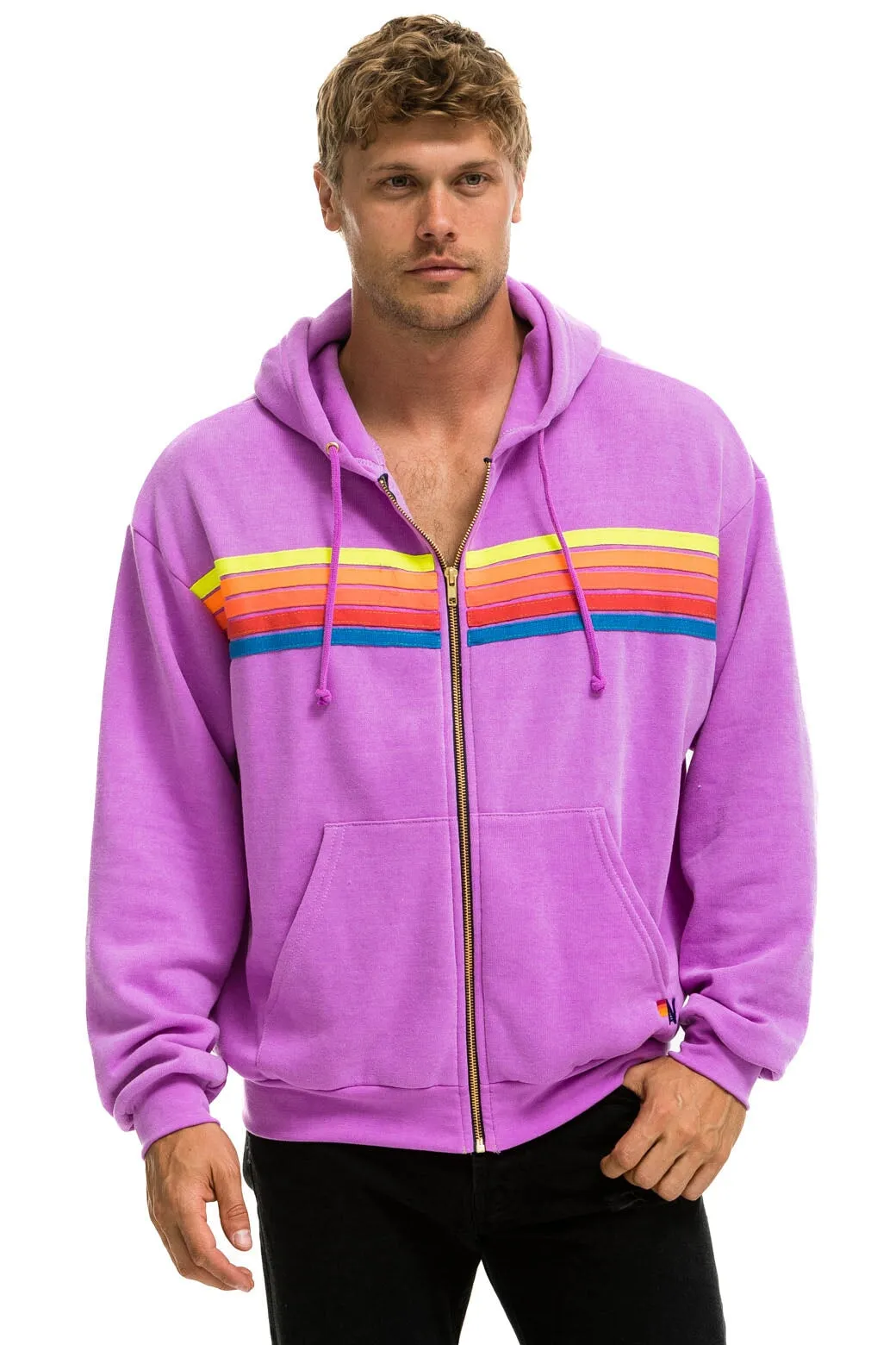 5 STRIPE RELAXED ZIP HOODIE - NEON PURPLE // NEON RAINBOW sold by Aviator Nation product image thumbnail 4
