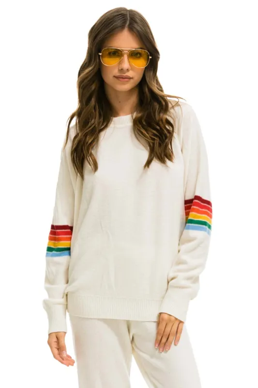 RAINBOW STRIPE SLEEVE UNISEX CASHMERE LIGHT SWEATER - VINTAGE WHITE sold by Aviator Nation