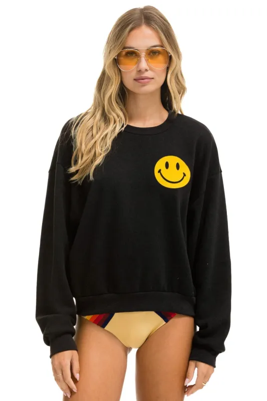 SMILEY 2 RELAXED LIGHT WEIGHT CREW SWEATSHIRT - BLACK sold by Aviator Nation