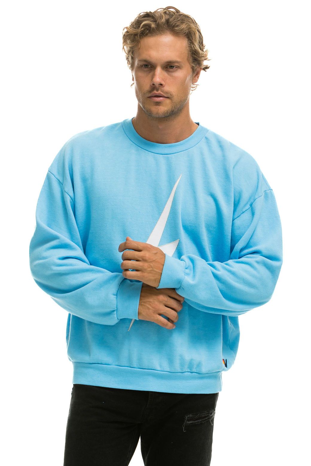 BOLT STITCH RELAXED CREW SWEATSHIRT - SKY // WHITE sold by Aviator Nation product image thumbnail 4