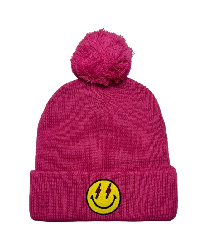 BOLT SMILEY POM POM RIB BEANIE sold by Aviator Nation