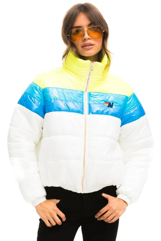 COLOR BLOCK LUXE APRES PUFFER JACKET - GLOSSY WHITE sold by Aviator Nation