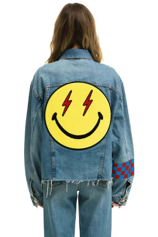 STOKED BOLT SMILEY OVERSIZED CUTOFF DENIM JACKET - VINTAGE sold by Aviator Nation