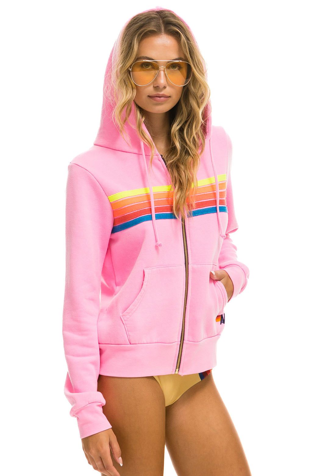 5 STRIPE HOODIE - NEON PINK // NEON RAINBOW sold by Aviator Nation product image thumbnail 3
