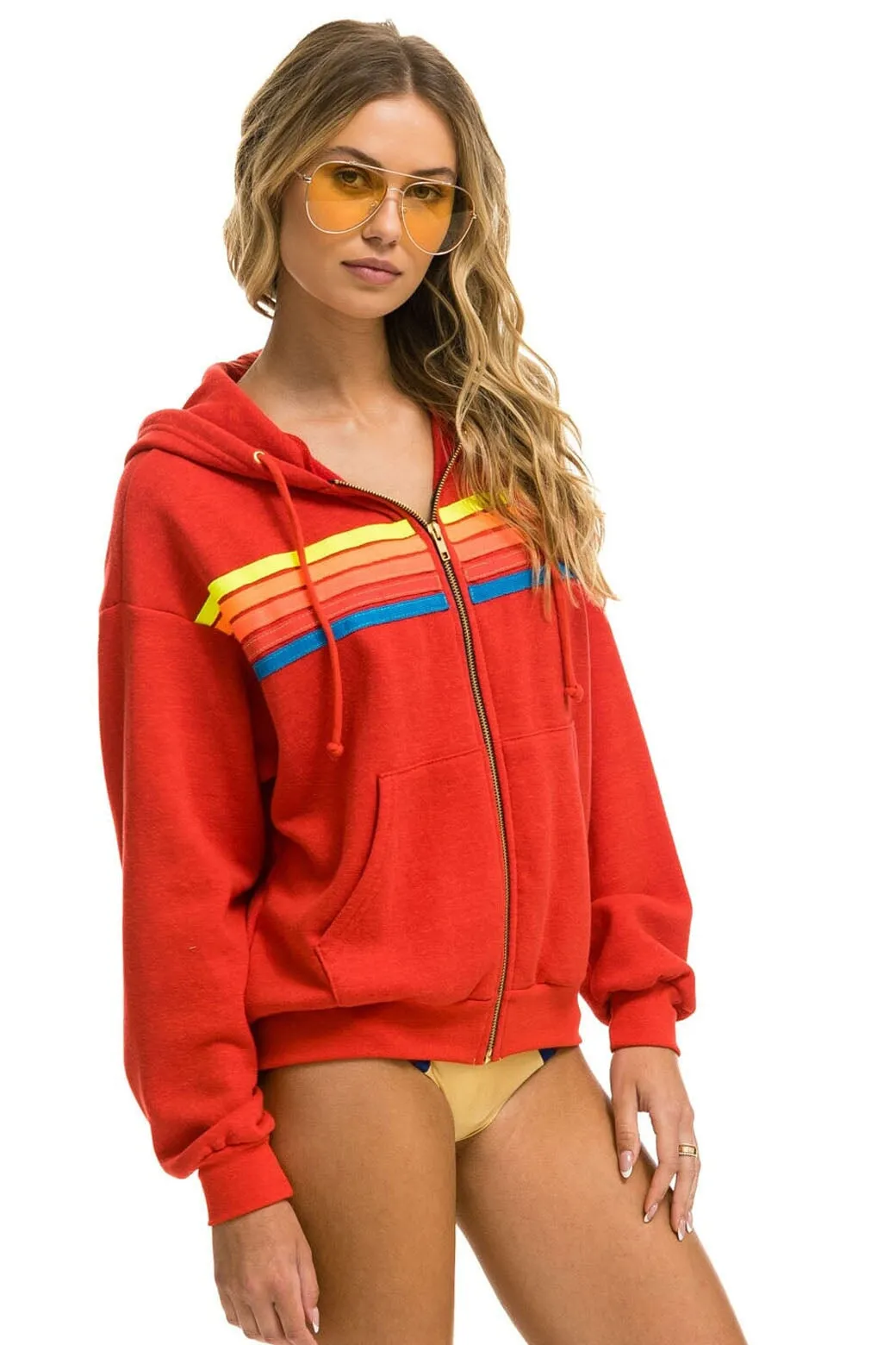 5 STRIPE RELAXED ZIP HOODIE - RED // NEON RAINBOW sold by Aviator Nation product image thumbnail 5