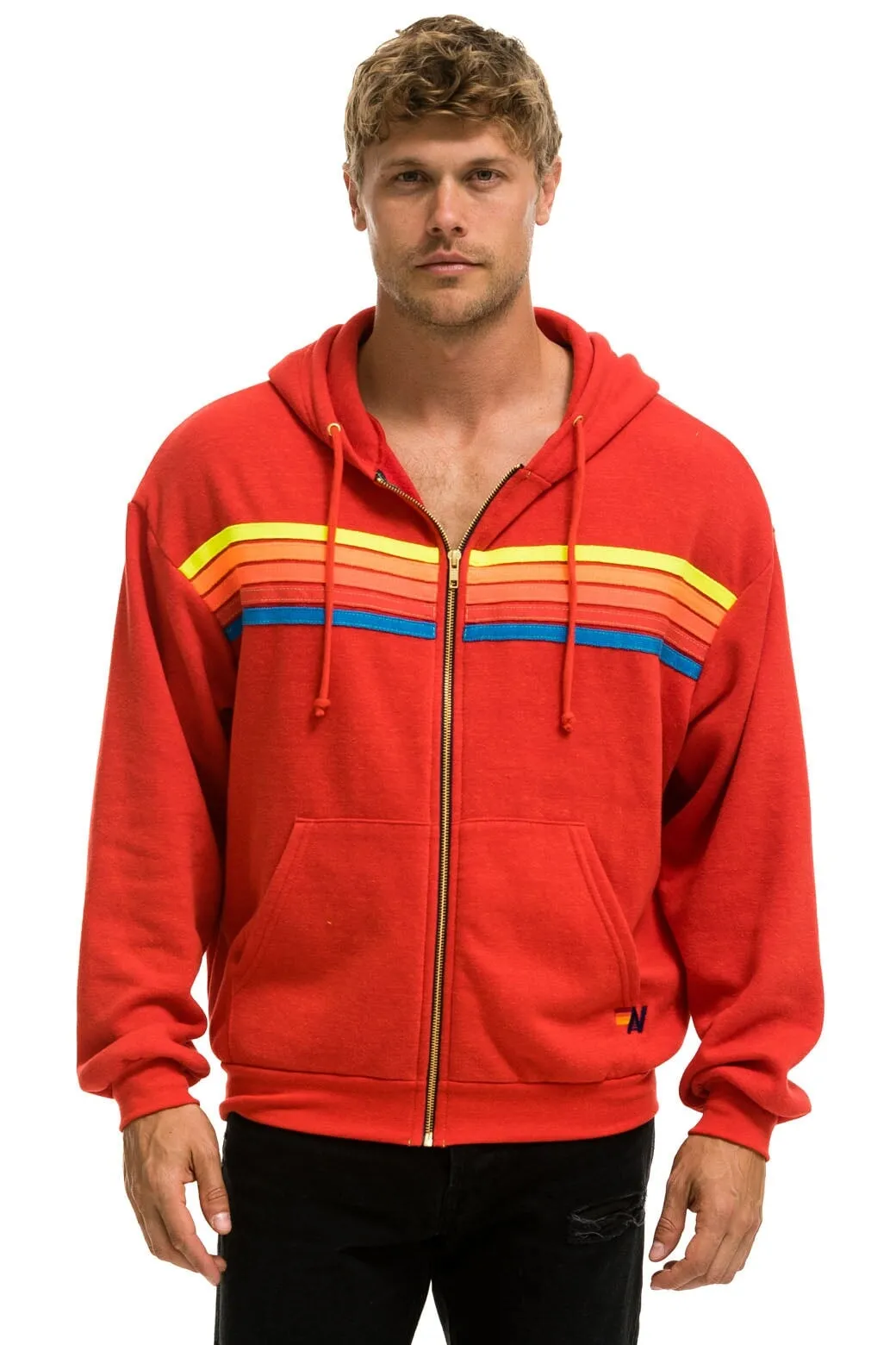 5 STRIPE RELAXED ZIP HOODIE - RED // NEON RAINBOW sold by Aviator Nation product image thumbnail 2