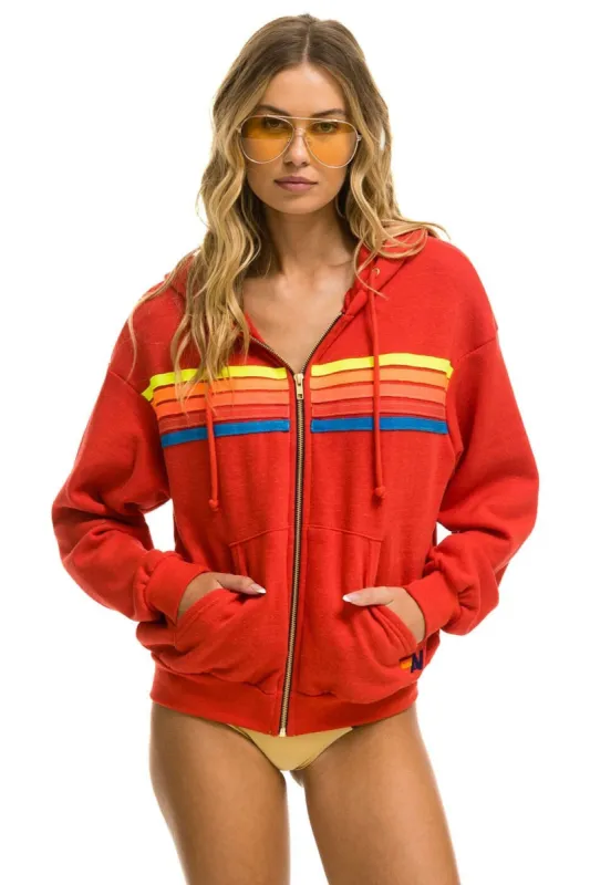 5 STRIPE RELAXED ZIP HOODIE - RED // NEON RAINBOW sold by Aviator Nation
