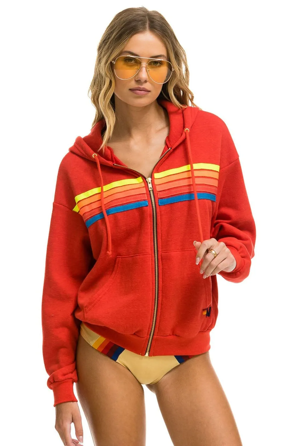 5 STRIPE RELAXED ZIP HOODIE - RED // NEON RAINBOW sold by Aviator Nation product image thumbnail 3
