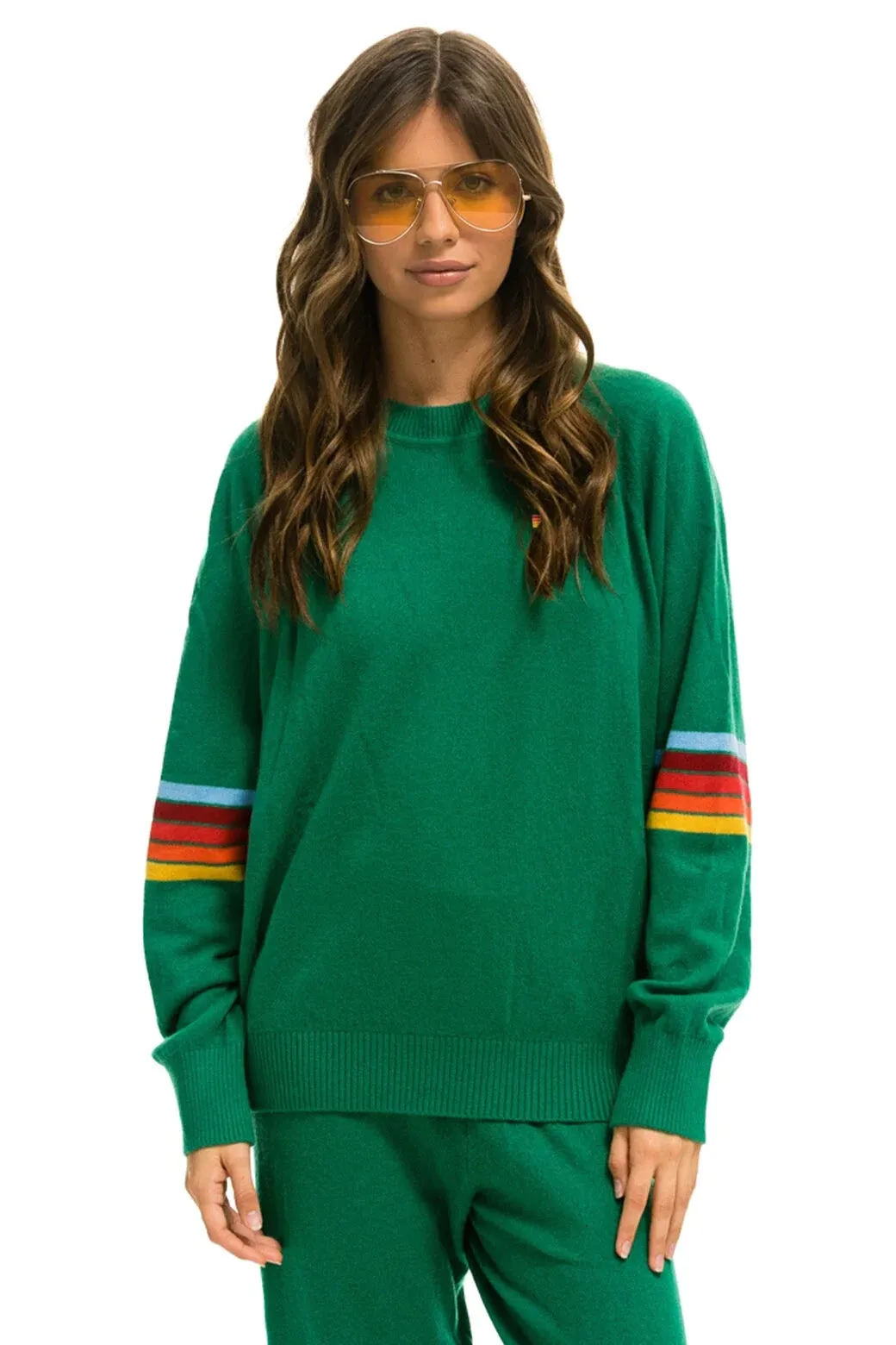 RAINBOW STRIPE SLEEVE UNISEX CASHMERE LIGHT SWEATER - AMAZON sold by Aviator Nation