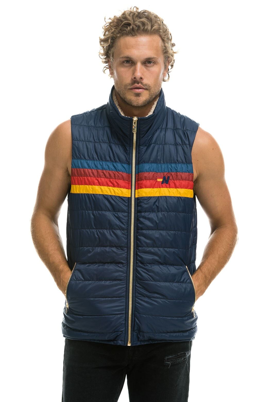 MEN'S 4 STRIPE VEST - NAVY sold by Aviator Nation