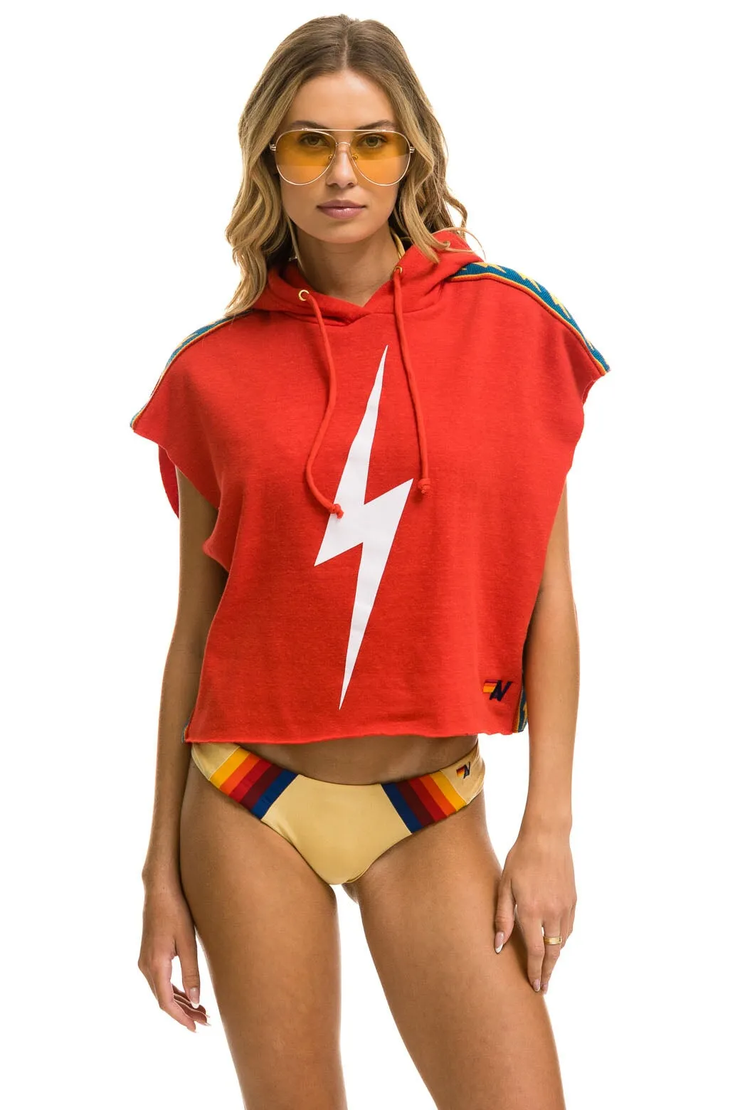 BOLT STRIPE SLEEVELESS RELAXED CROPPED PULLOVER HOODIE - RED sold by Aviator Nation product image thumbnail 5