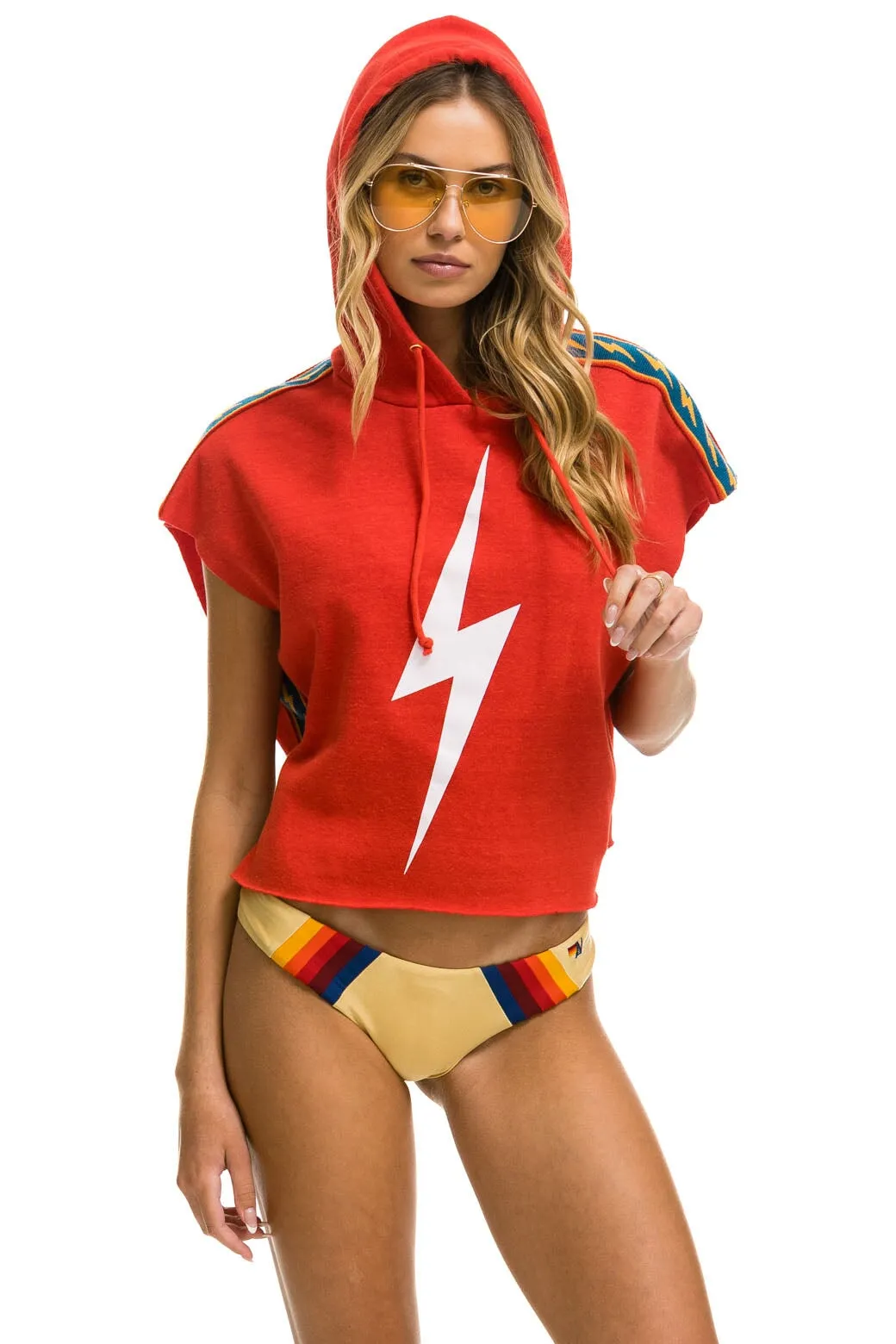 BOLT STRIPE SLEEVELESS RELAXED CROPPED PULLOVER HOODIE - RED sold by Aviator Nation