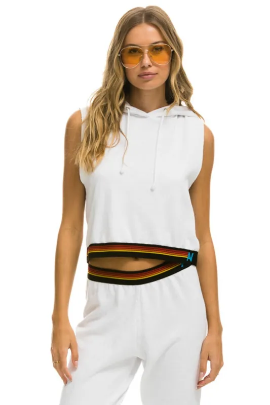LOGO STRIPE SLEEVELESS CROP PULLOVER HOODIE - WHITE made by Aviator Nation