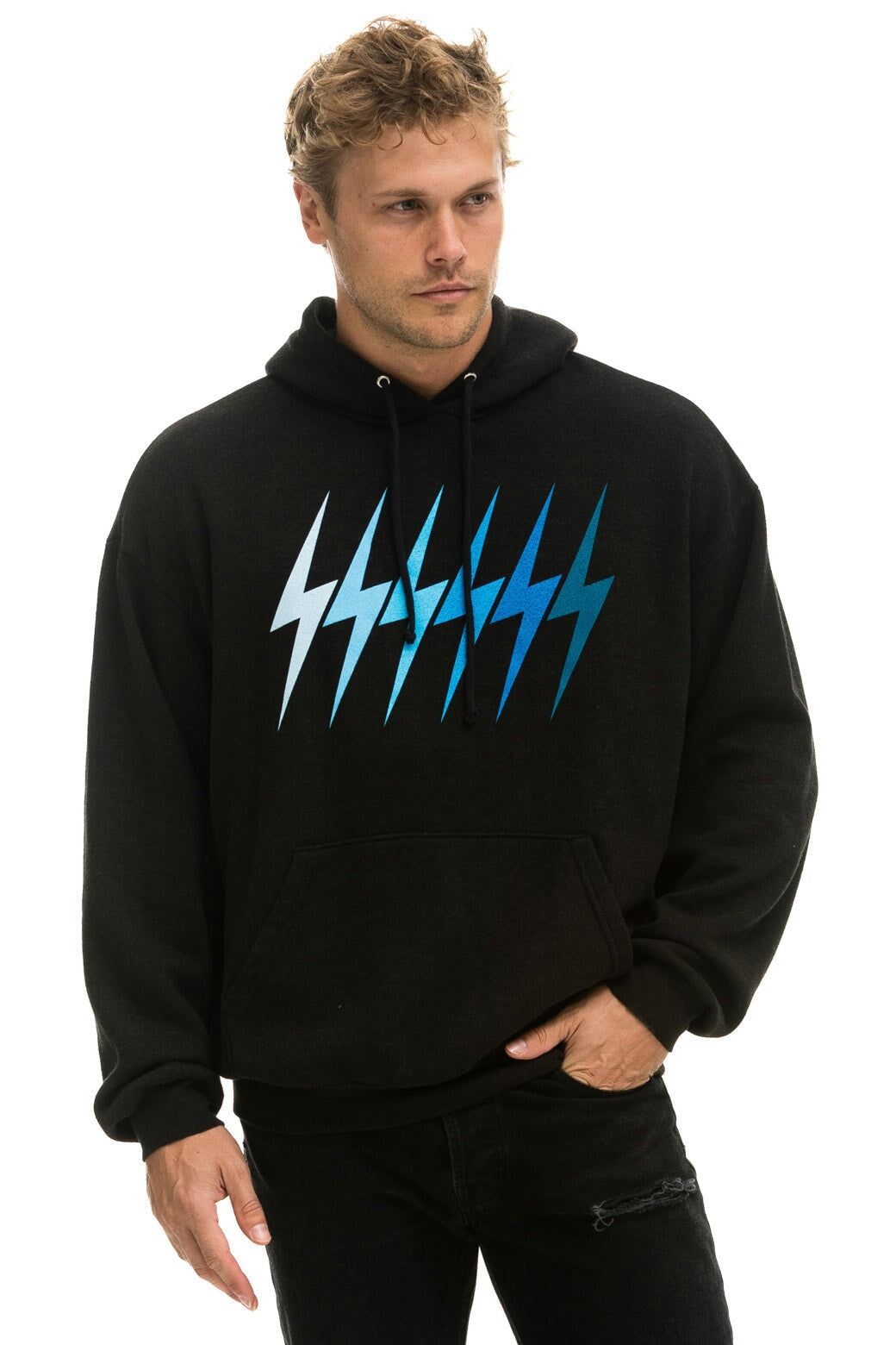 BOLT GRADIENT RELAXED PULLOVER HOODIE - BLACK // BLUE sold by Aviator Nation product image thumbnail 4