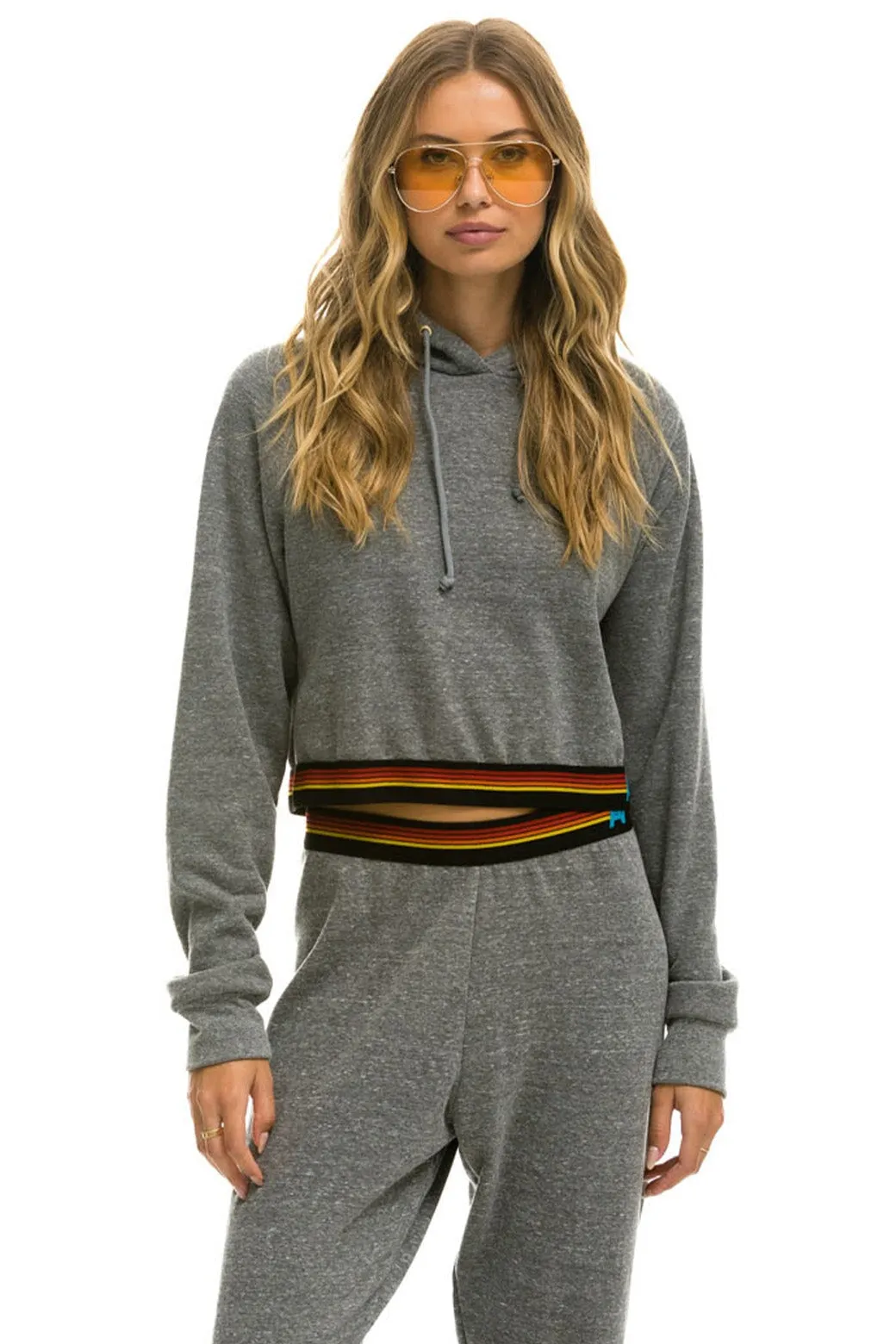 LOGO STRIPE CROP PULLOVER HOODIE - HEATHER GREY sold by Aviator Nation