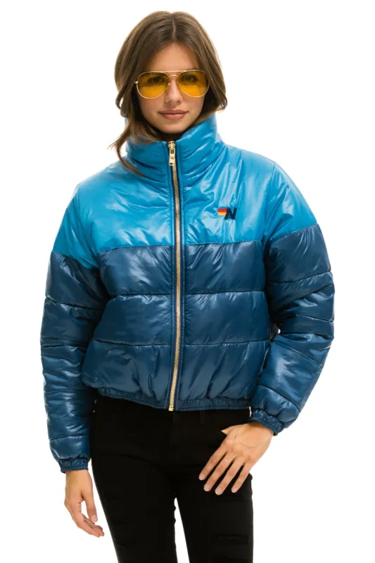 COLOR BLOCK HALF AND HALF APRES PUFFER JACKET - OCEAN GLOSSY sold by Aviator Nation