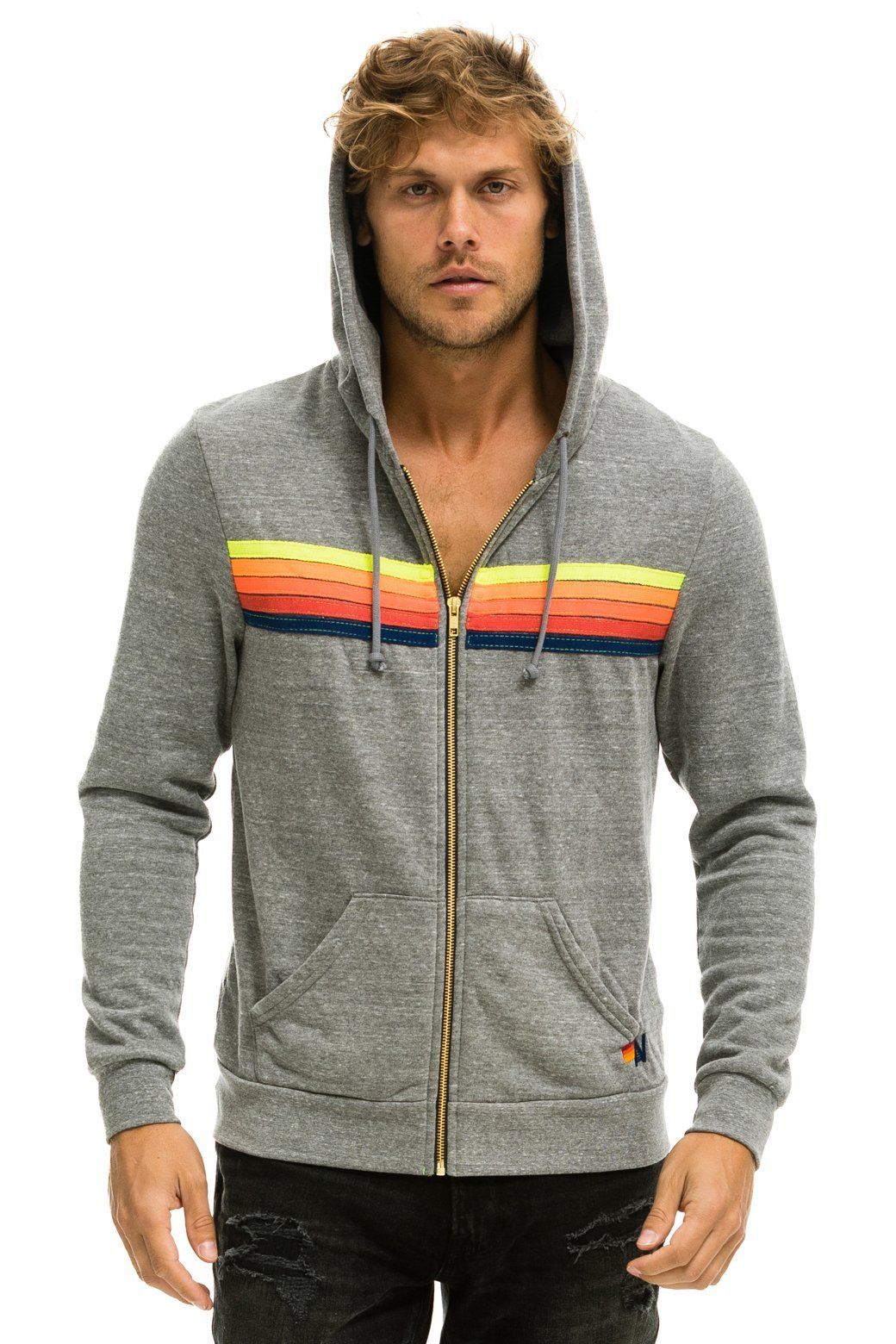 5 STRIPE HOODIE - HEATHER GREY // NEON RAINBOW BLUE sold by Aviator Nation product image thumbnail 5