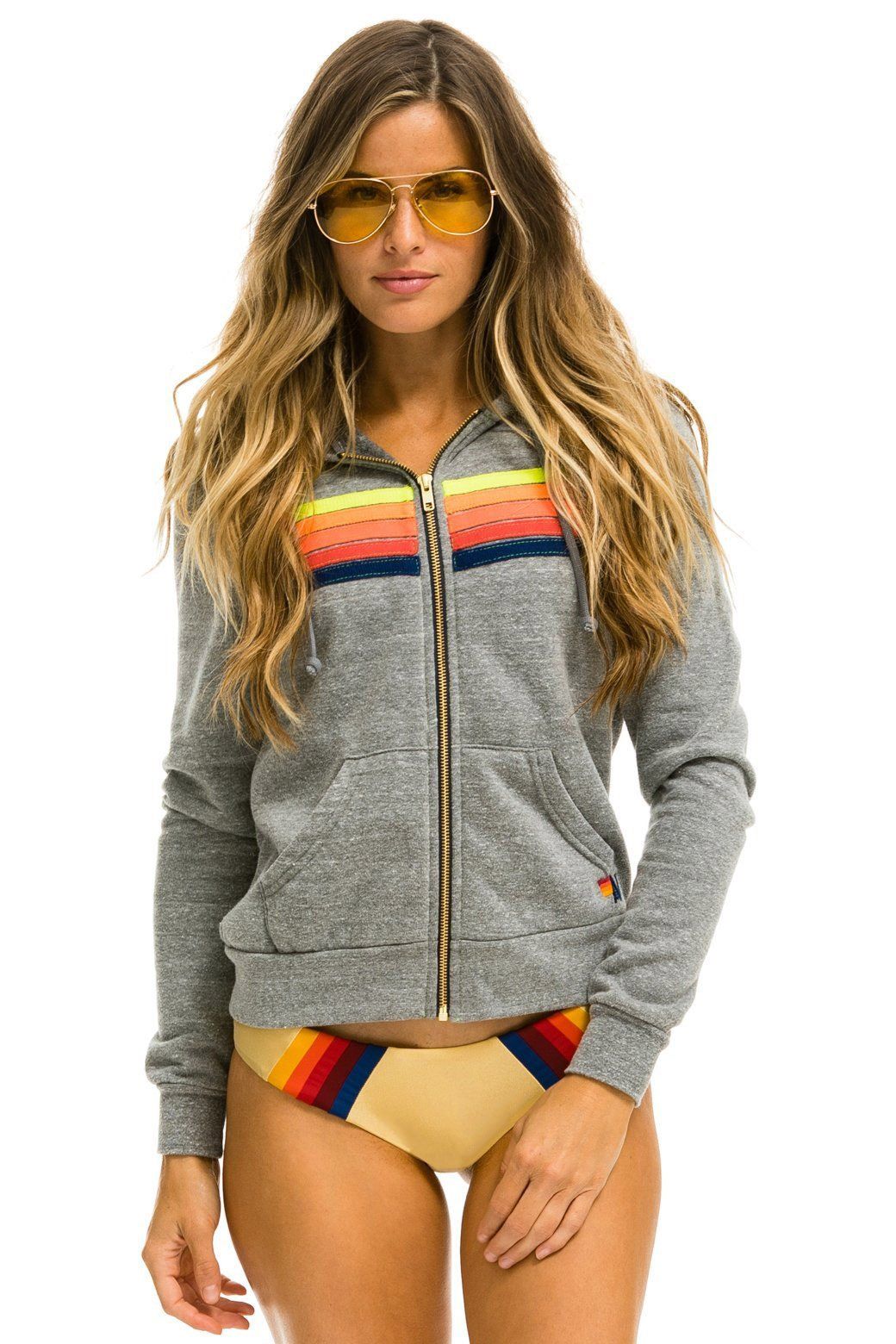 5 STRIPE HOODIE - HEATHER GREY // NEON RAINBOW BLUE sold by Aviator Nation