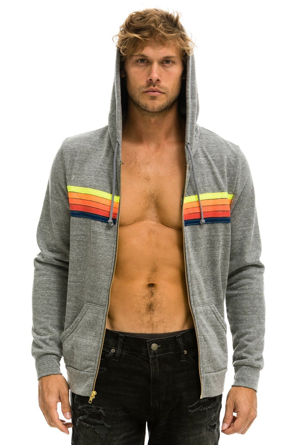 5 STRIPE HOODIE - HEATHER GREY // NEON RAINBOW BLUE sold by Aviator Nation product image thumbnail 3