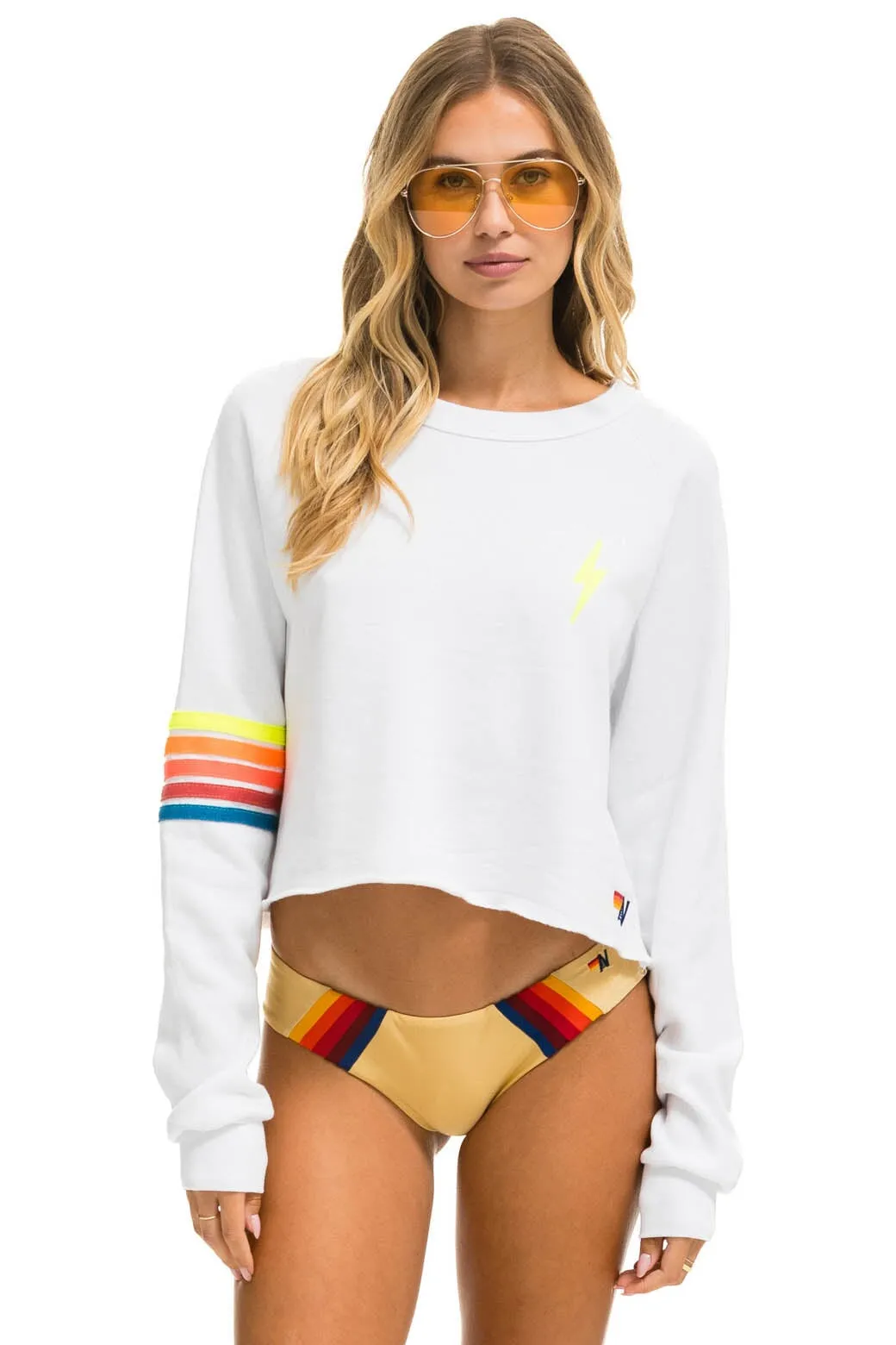 BOLT RUGBY STITCH CROPPED CREW SWEATSHIRT - WHITE // NEON RAINBOW sold by Aviator Nation