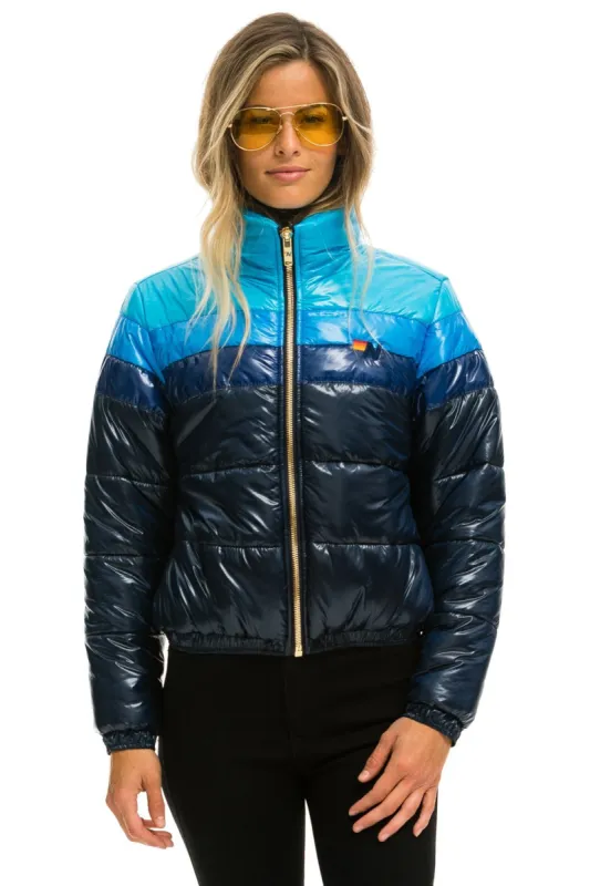 COLOR BLOCK LUXE APRES PUFFER JACKET - GLOSSY NAVY sold by Aviator Nation