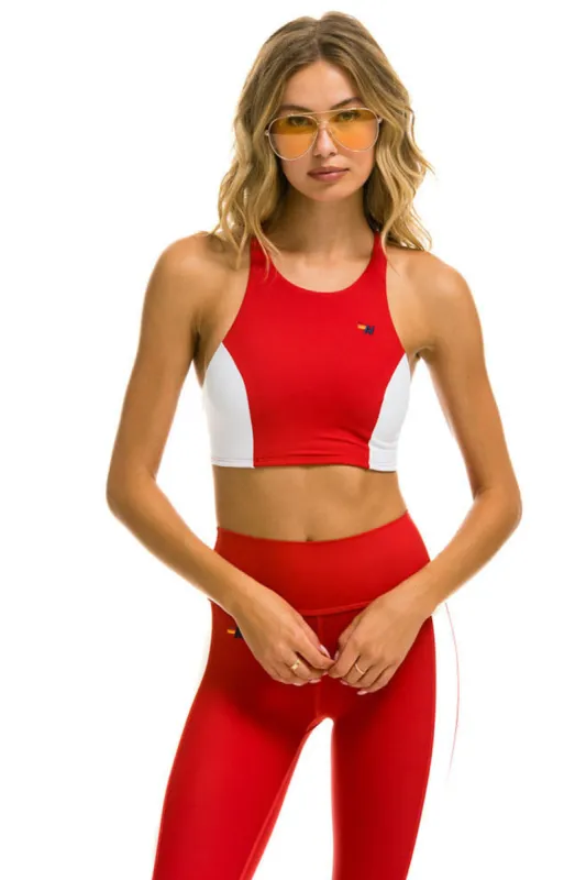 COLOR BLOCK RACER SPORTS BRA - CHERRY made by Aviator Nation