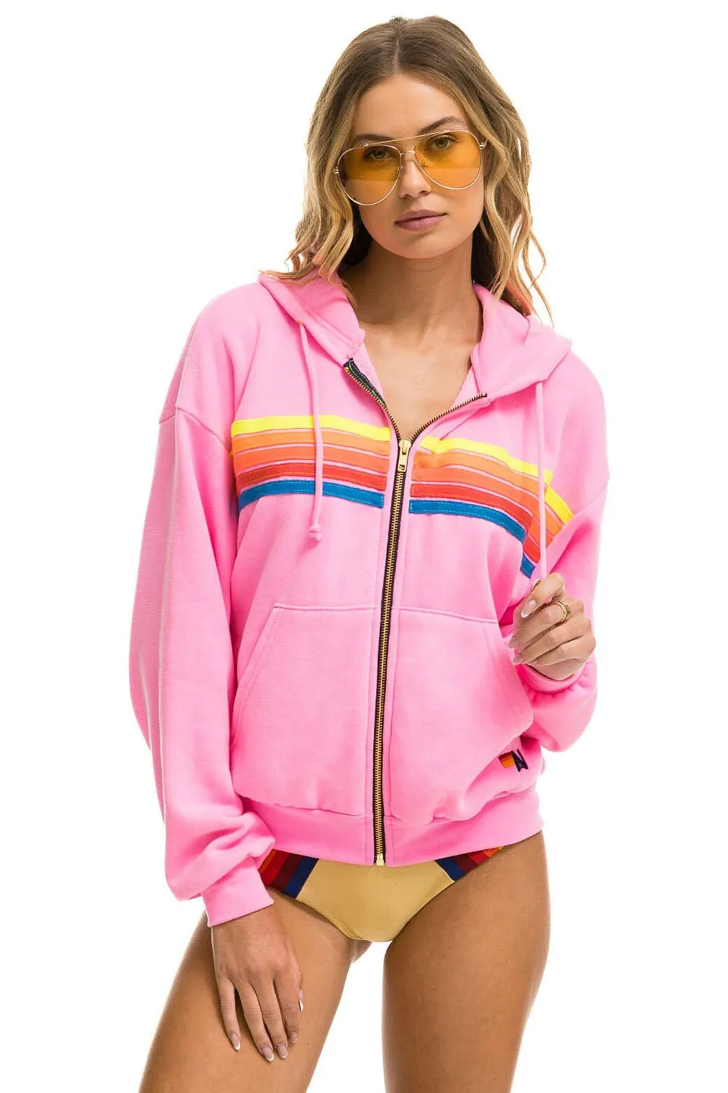5 STRIPE RELAXED ZIP HOODIE - NEON PINK // NEON RAINBOW sold by Aviator Nation product image thumbnail 2