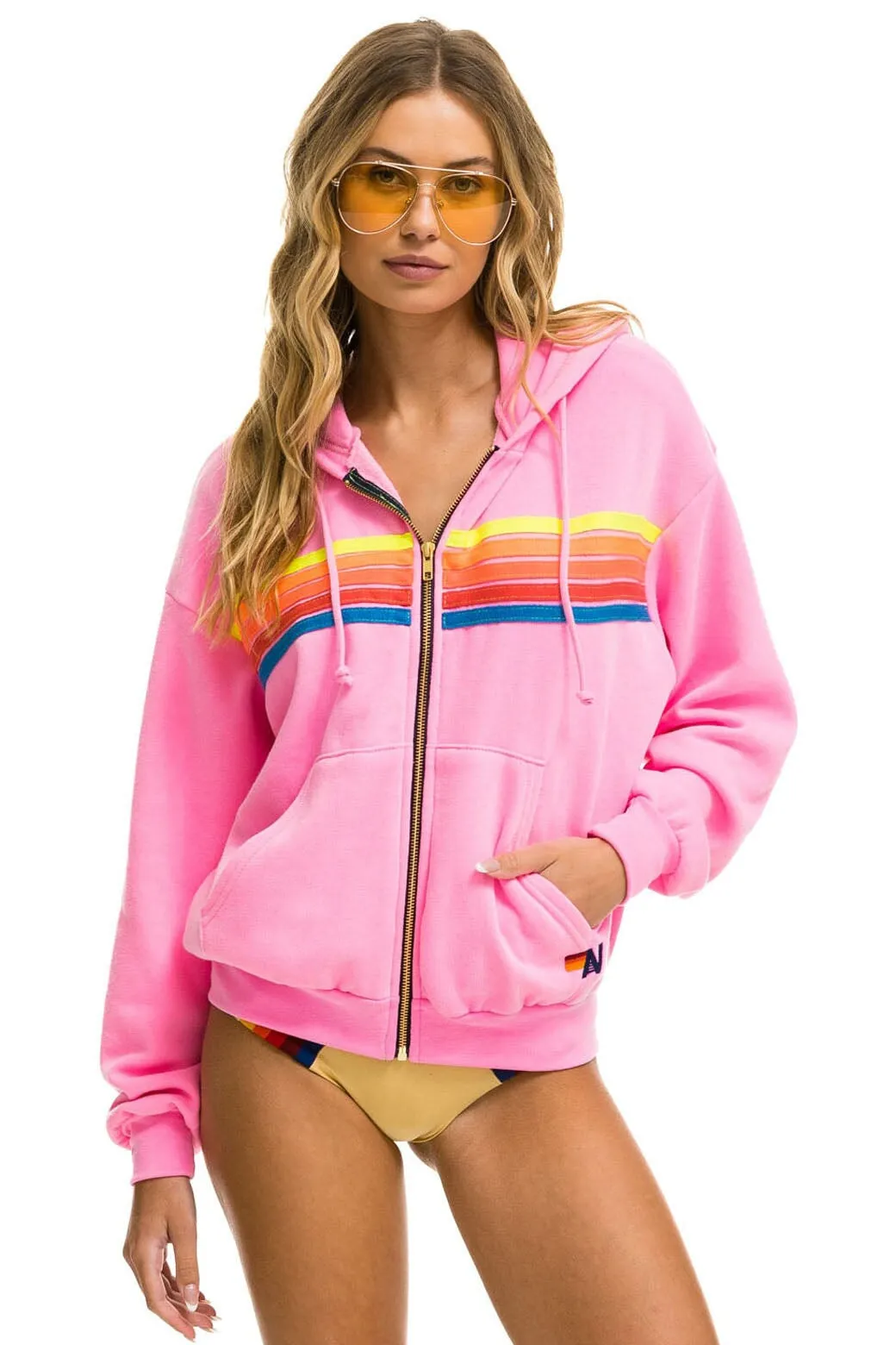 5 STRIPE RELAXED ZIP HOODIE - NEON PINK // NEON RAINBOW sold by Aviator Nation