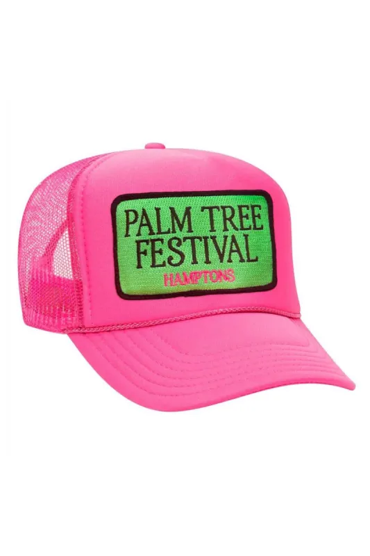 PALM TREE FESTIVAL HAMPTONS 2023 VINTAGE LOW RISE TRUCKER - NEON PINK sold by Aviator Nation