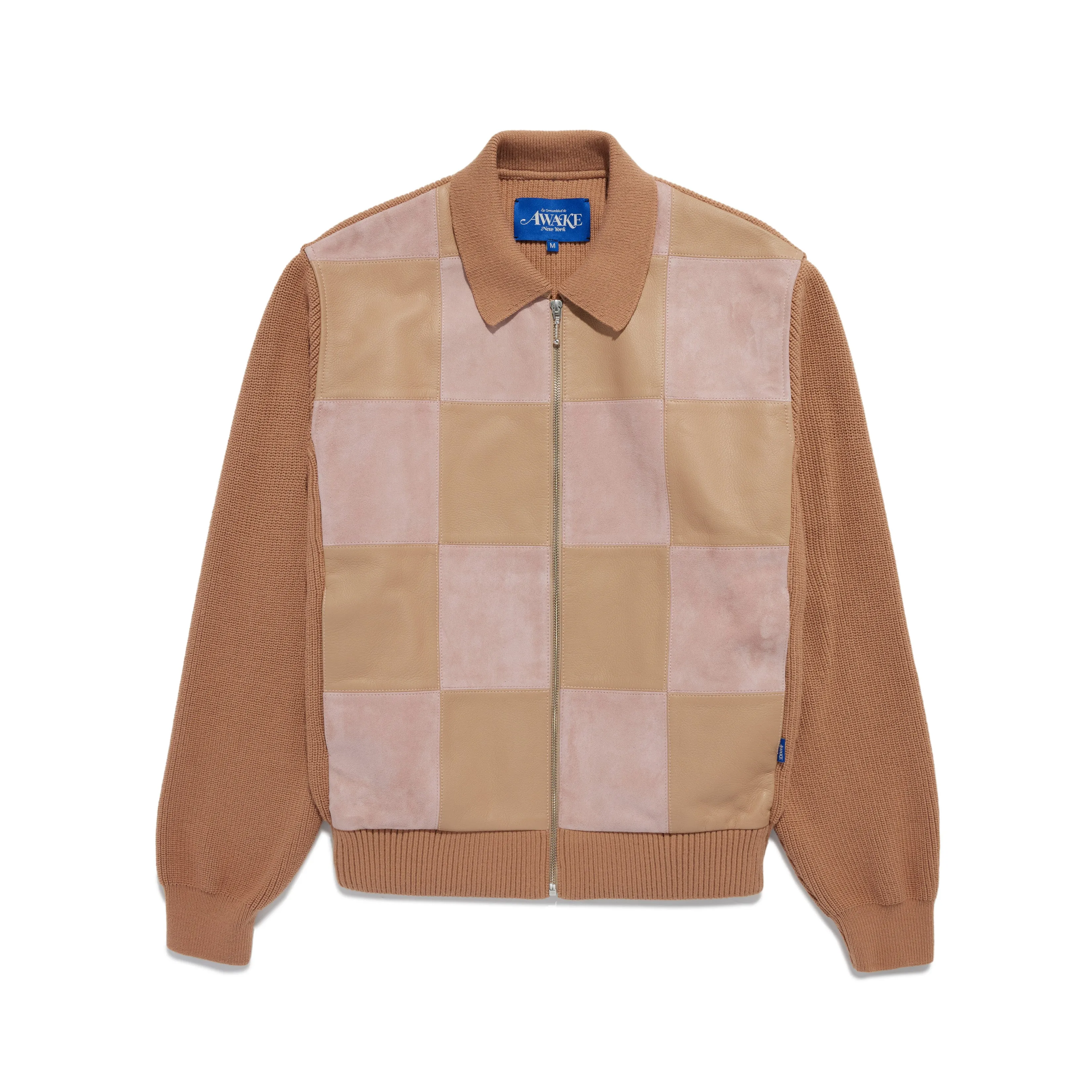 Checkered Leather & Suede Knit Zip Jacket sold by Awake