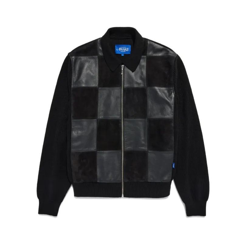 Checkered Leather & Suede Knit Zip Jacket sold by Awake