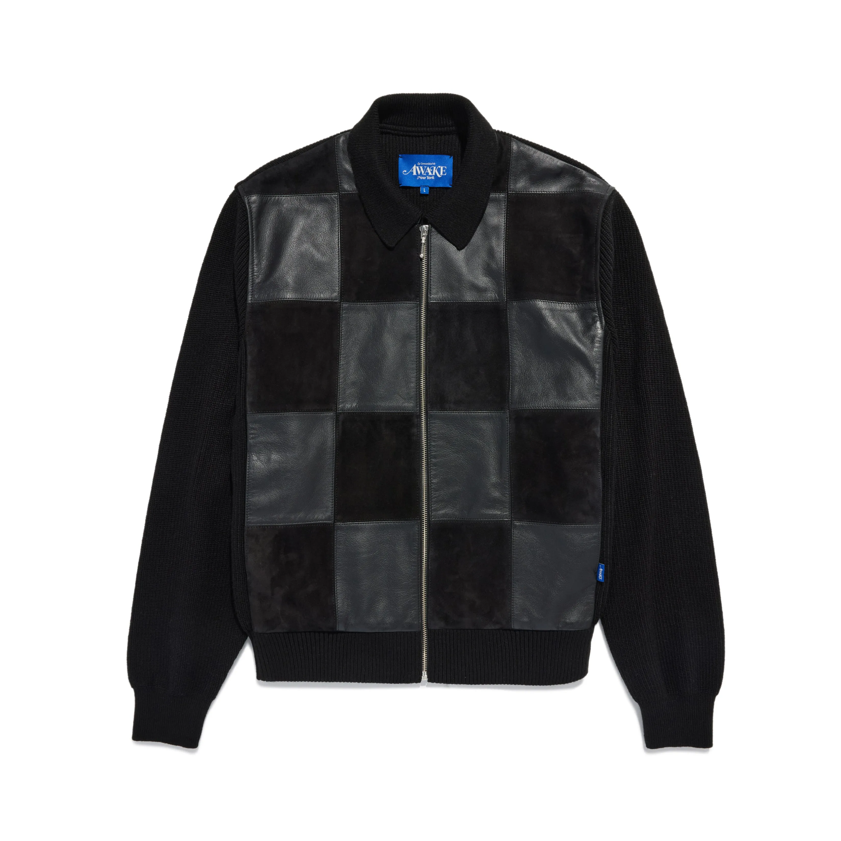 Checkered Leather & Suede Knit Zip Jacket sold by Awake