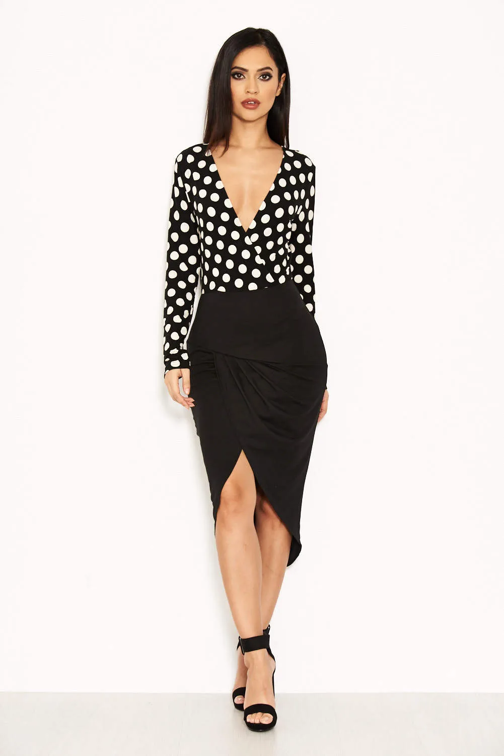 Black Polka Dot Contrast Wrap Dress sold by AX Paris