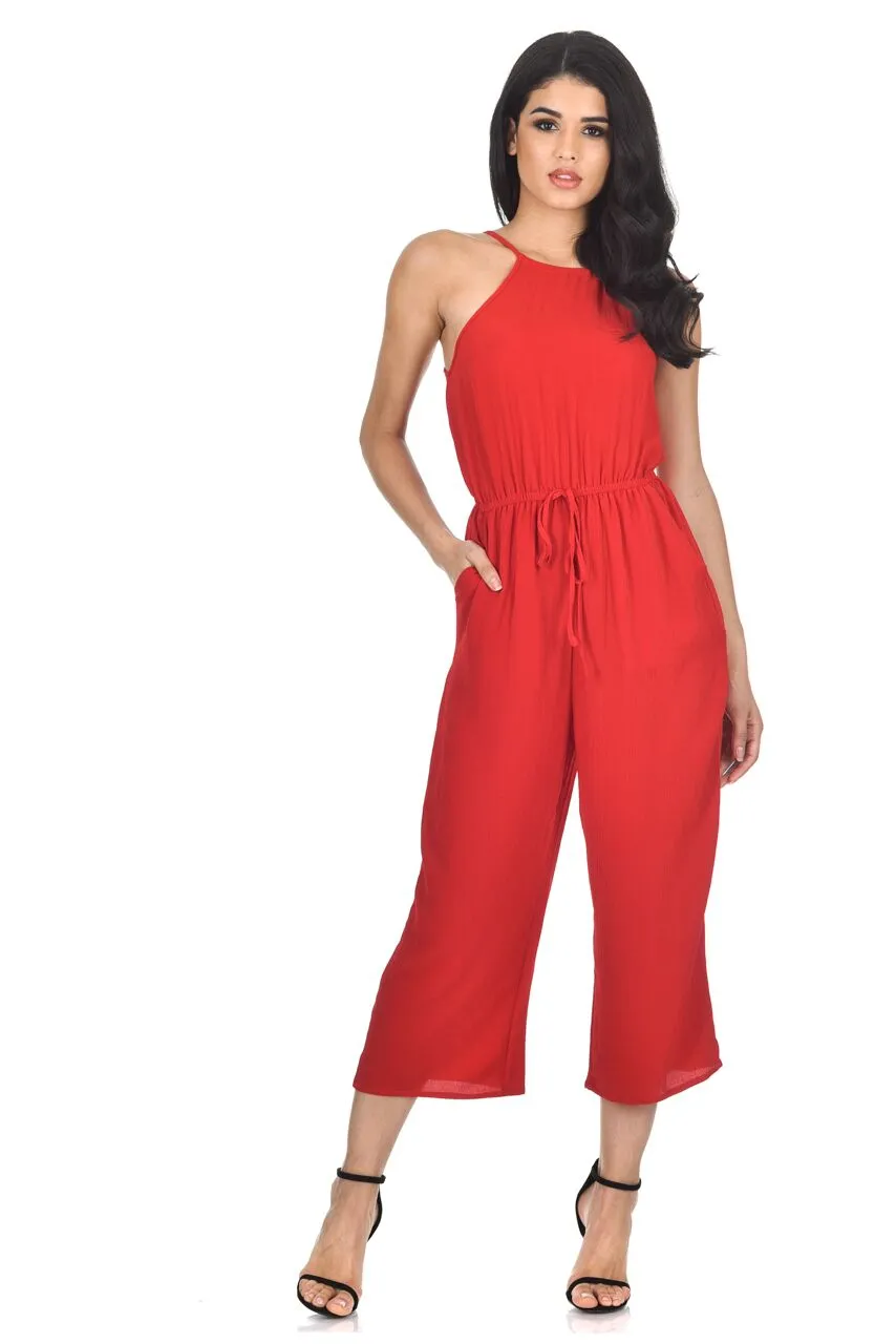 Red High Neck Culotte Jumpsuit sold by AX Paris