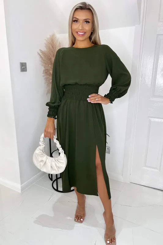 Olive Elasticated Waist Midi Dress With Split sold by AX Paris