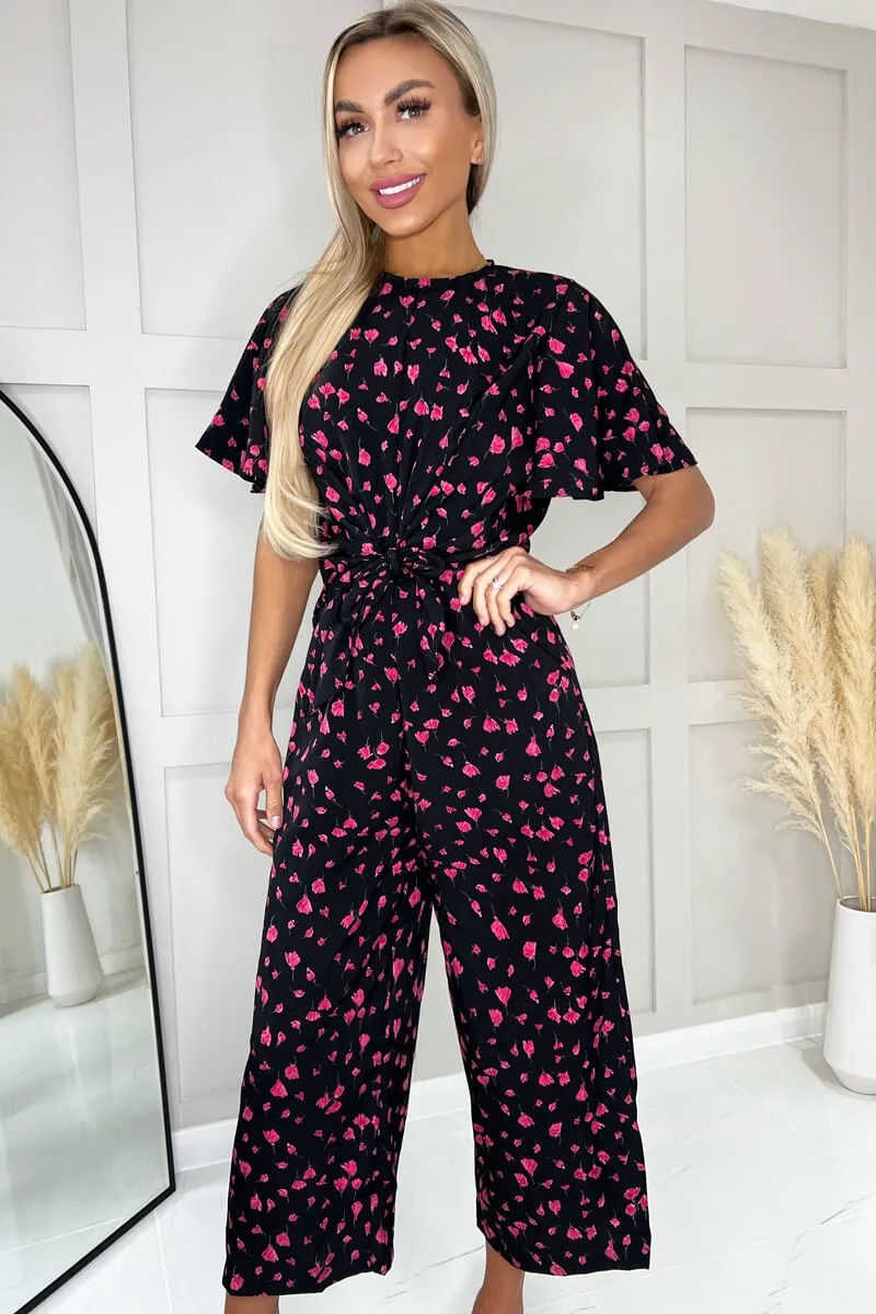 Black And Pink Floral Printed Short Sleeve Tie Waist Jumpsuit sold by AX Paris product image thumbnail 3
