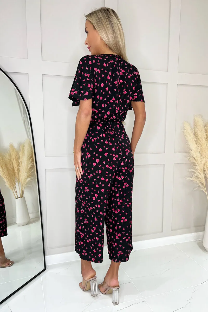 Black And Pink Floral Printed Short Sleeve Tie Waist Jumpsuit sold by AX Paris product image thumbnail 4