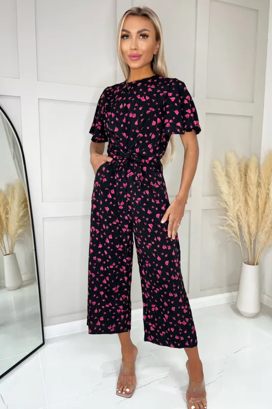 Black And Pink Floral Printed Short Sleeve Tie Waist Jumpsuit sold by AX Paris