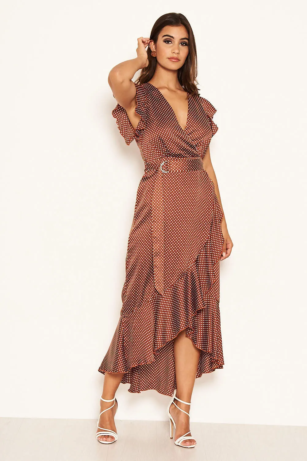 Rust Polka Dot D-Ring Wrap Midi Dress sold by AX Paris product image thumbnail 2