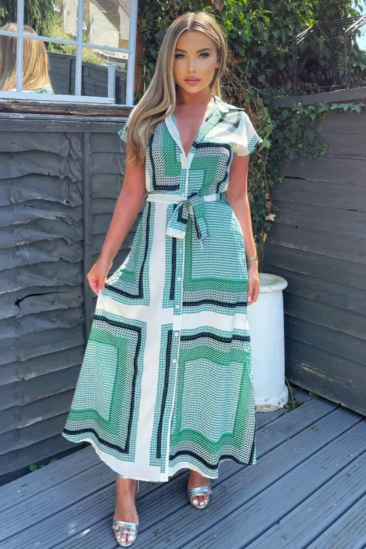 Green Printed Tie Waist Button Up Midi Dress sold by AX Paris