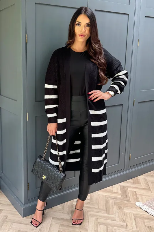 Black And Cream Stripe Knit Long Cardigan sold by AX Paris