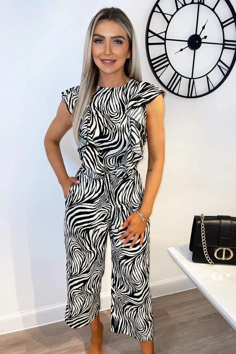 Black And White Zebra Print Frill Front Tie Waist Jumpsuit sold by AX Paris product image thumbnail 2