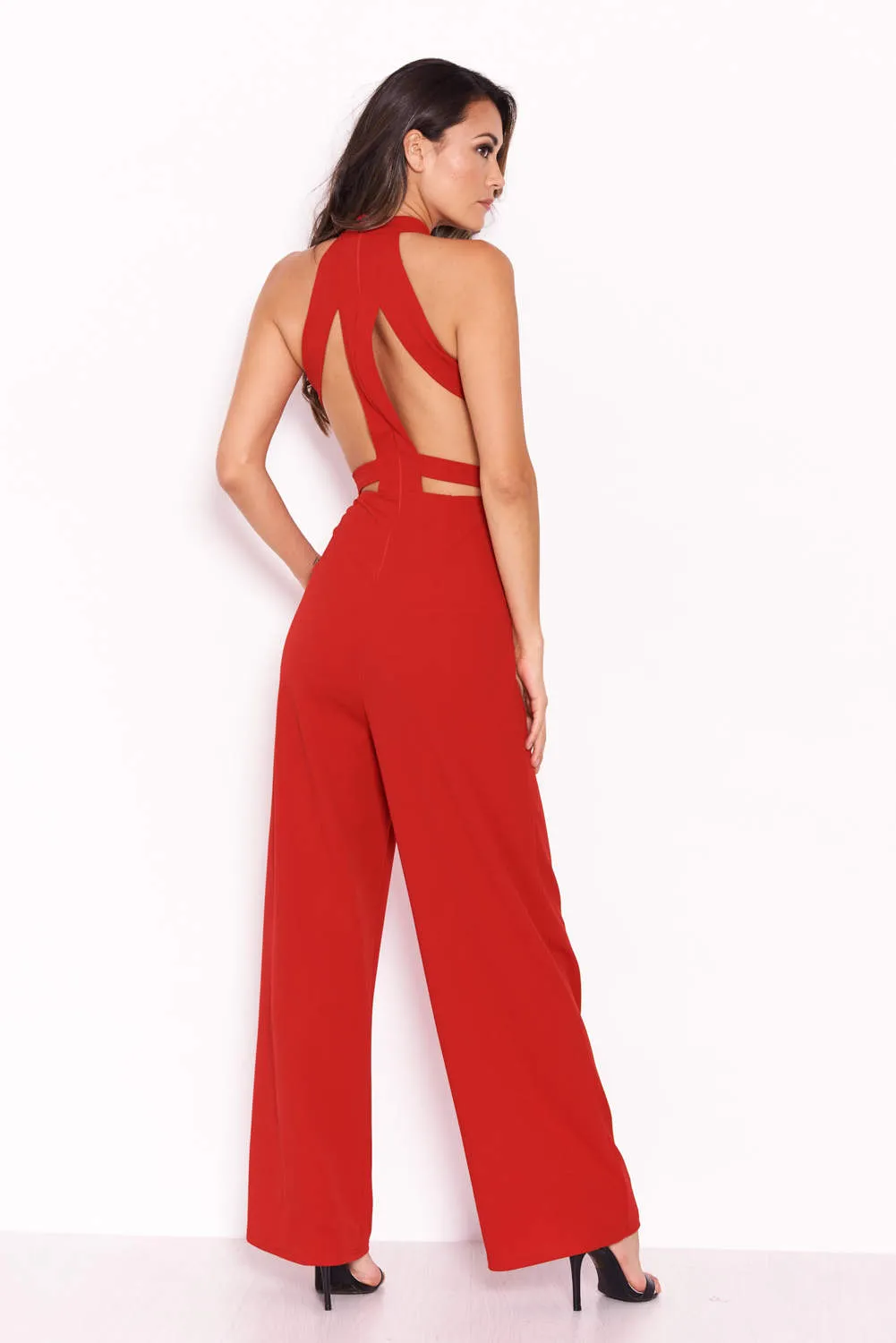 Red Sheer Paneled Jumpsuit With Cut Out Detailing sold by AX Paris product image thumbnail 3
