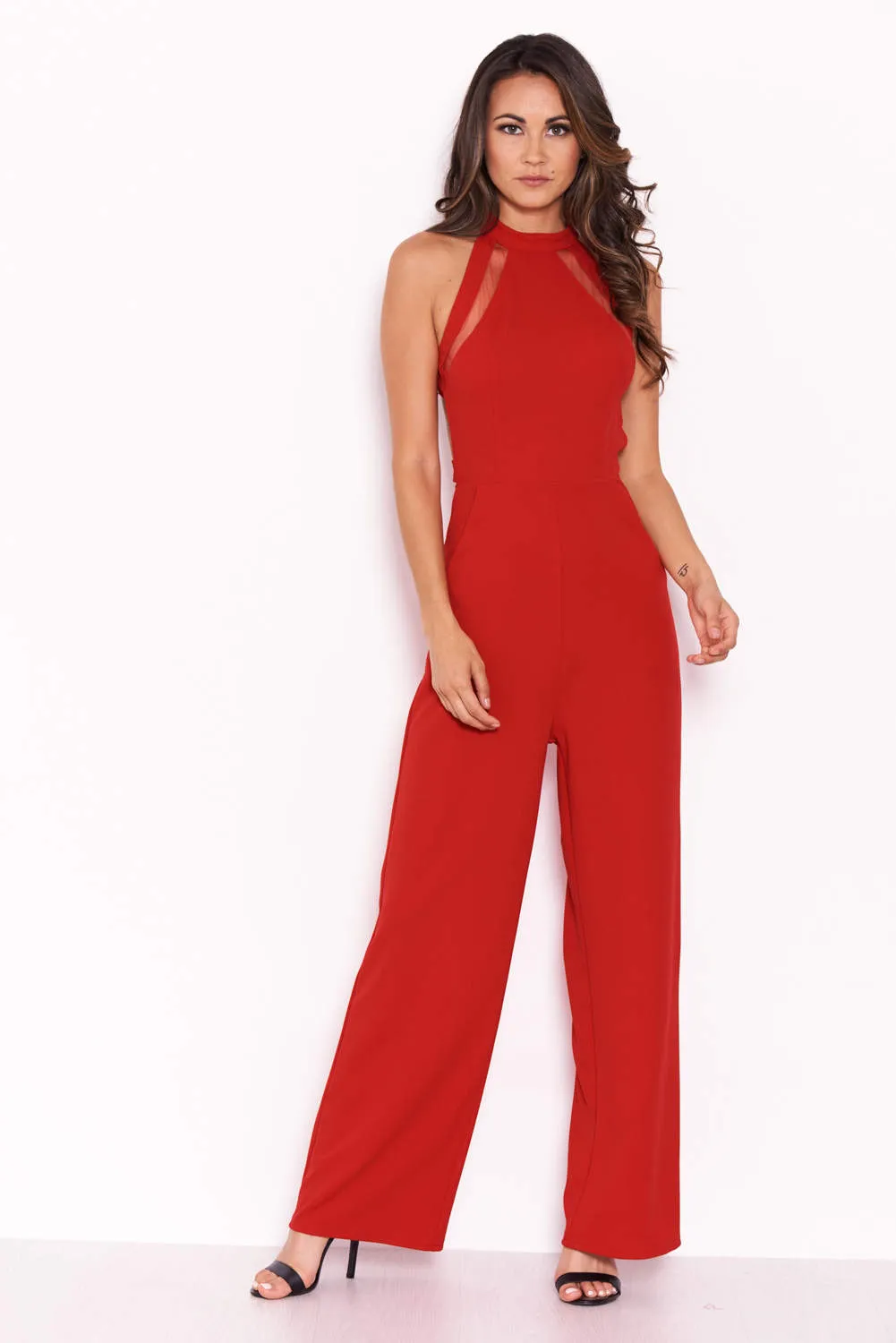 Red Sheer Paneled Jumpsuit With Cut Out Detailing sold by AX Paris