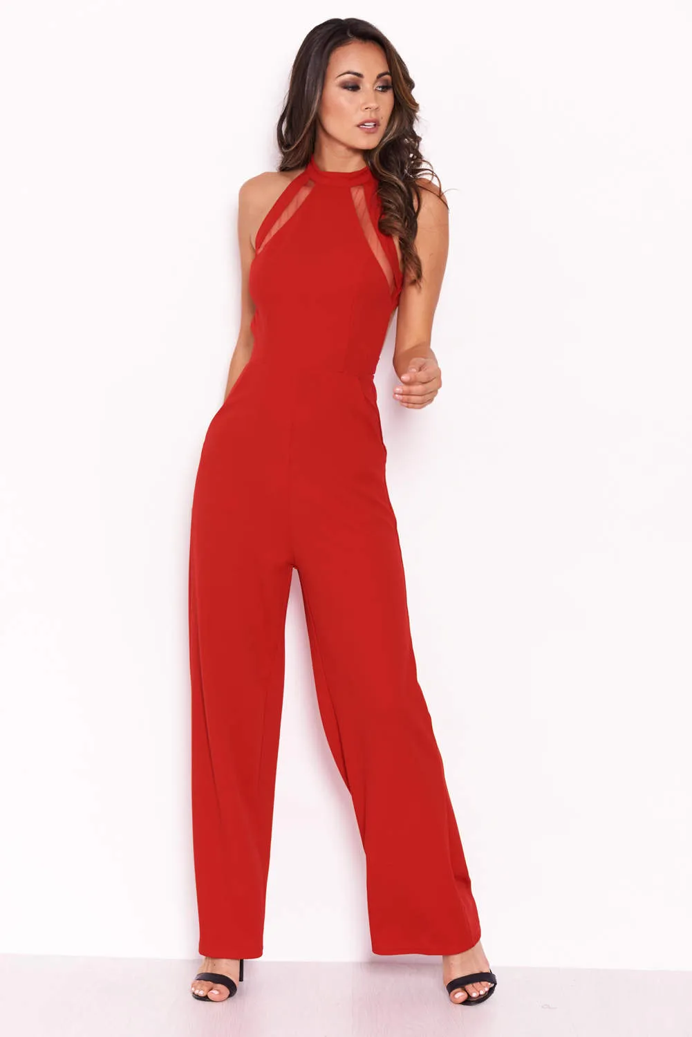 Red Sheer Paneled Jumpsuit With Cut Out Detailing sold by AX Paris product image thumbnail 2