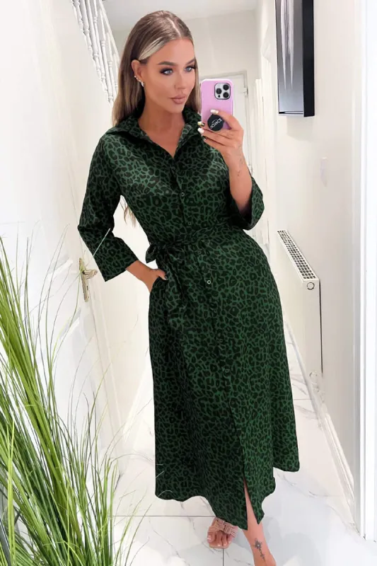 Green Animal Print Belted Midi Shirt Dress sold by AX Paris