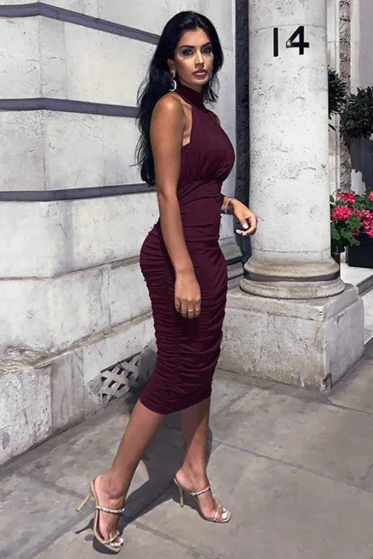 Plum High Neck Ruched Bodycon Midi Dress sold by AX Paris