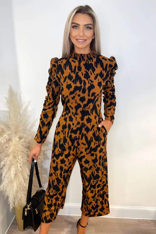 Camel Animal Printed Ruched Sleeve Jumpsuit sold by AX Paris