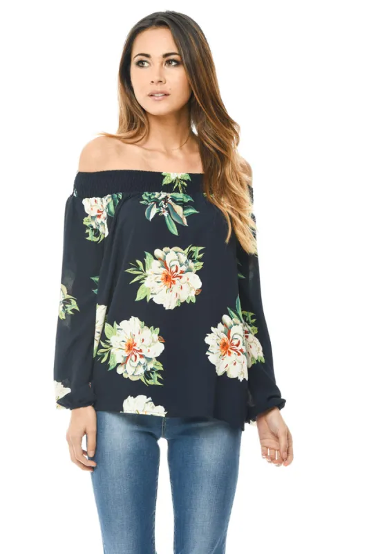 Navy Off The Shoulder Floral Top sold by AX Paris