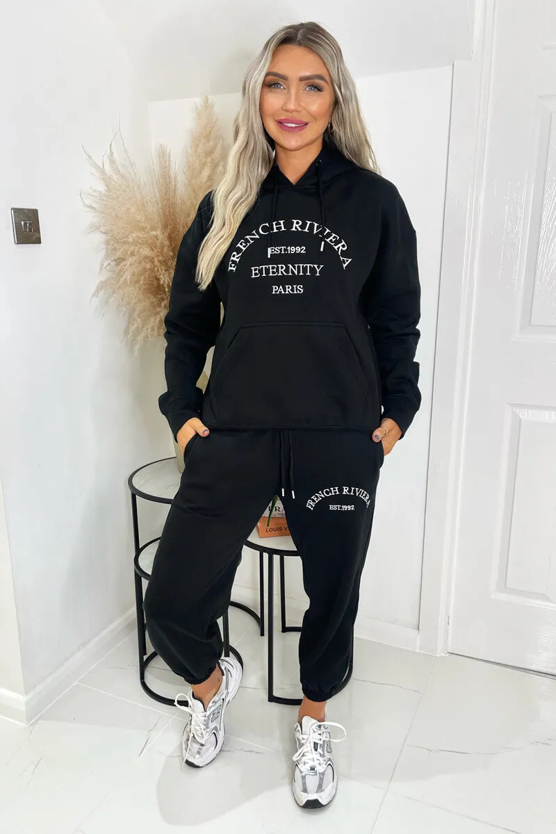 Black French Riviera Embroidered Slogan Hoodie Lounge Set sold by AX Paris